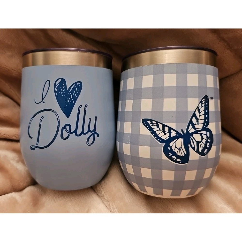 2 NEW 12oz Dolly Parton Blue BUTTERFLY GINGHAM CHECK & I 💙 Dolly Wine Tumblers